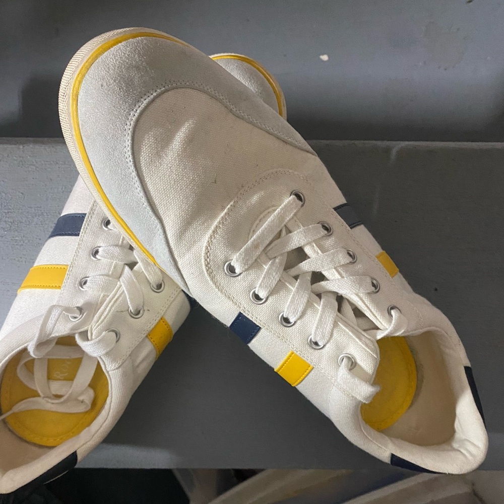 Club Room casual retro sneakers.  Off white a blue and yellow stripe. Size 12